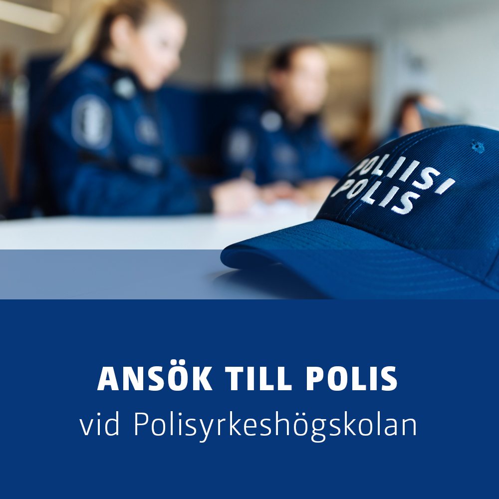 Banner som föreställer uniformerad kvinlig polis gör pappersarbete i bakgrunden, bannern länkar till websida att ansöka till polis.