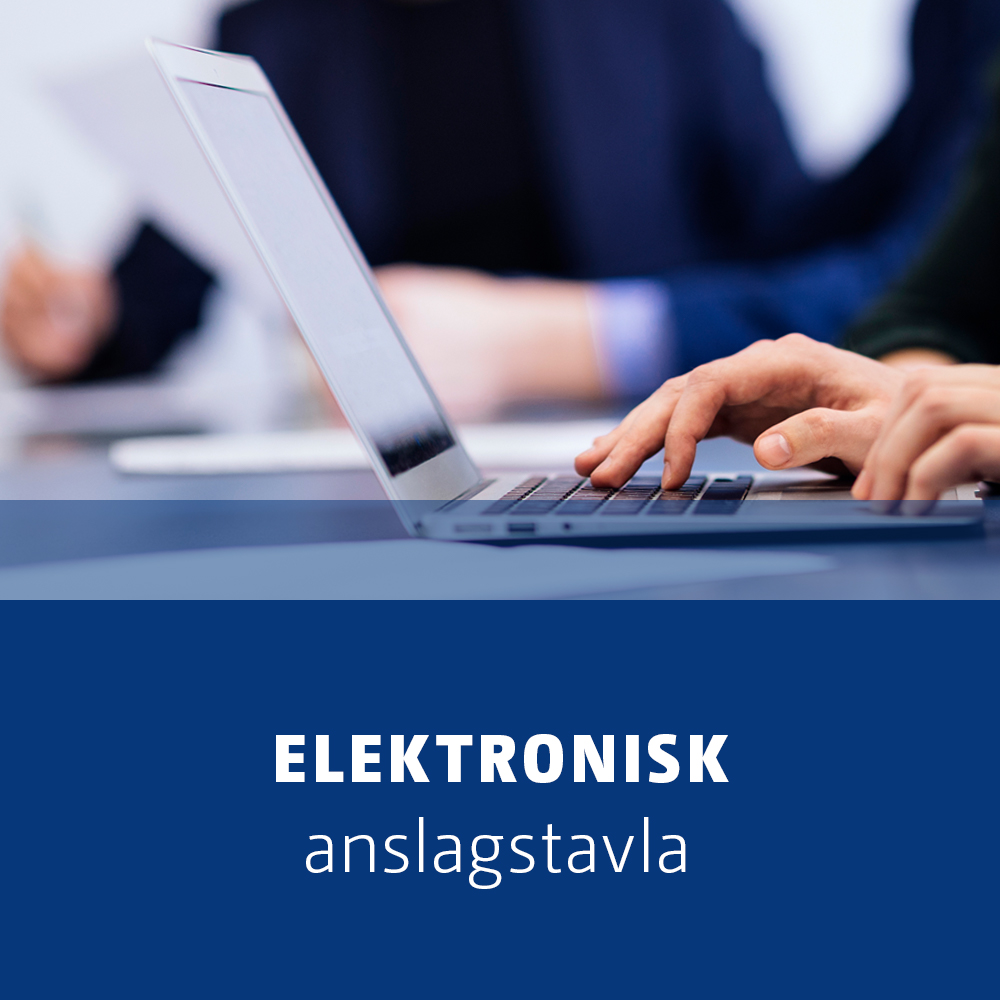 Banner som föreställer en kvinna skriver på en bärbar dator med texten elektronisk anslagstava skrivet under, bannern länkar till websida elektronisk anslagstavla.