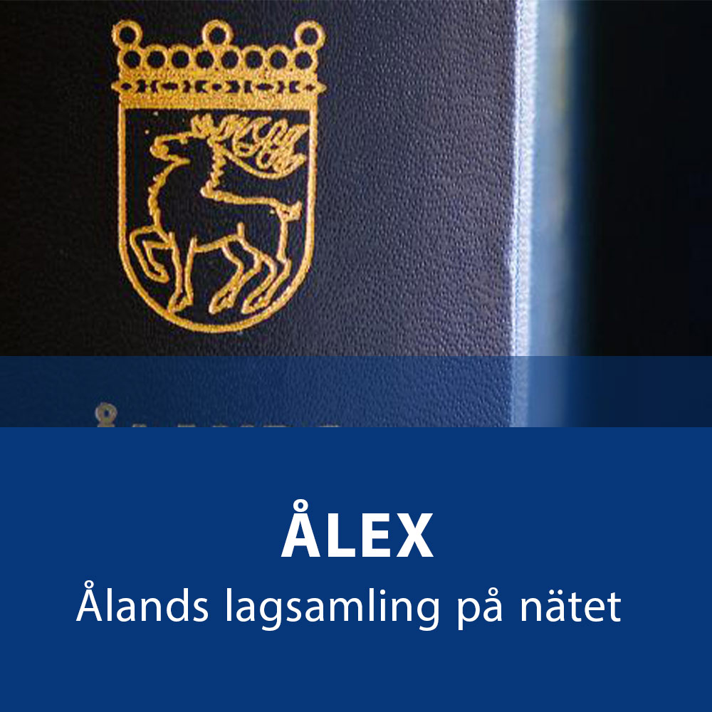 Banner med bild av en lagbok, bannern länkar till Ålands lagsamlig på nätet.