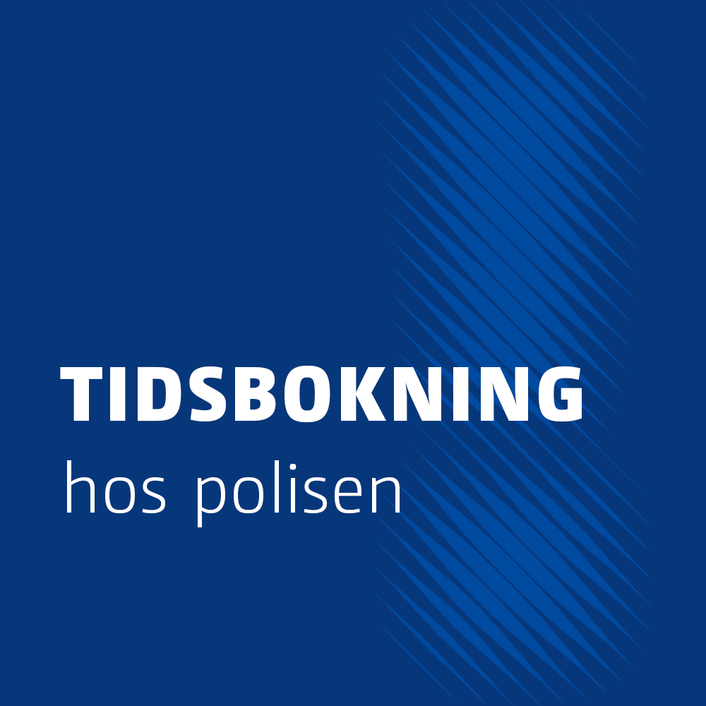 Banner som visar text om tidsbokning hos polisen, vit text på blå bakgrund.